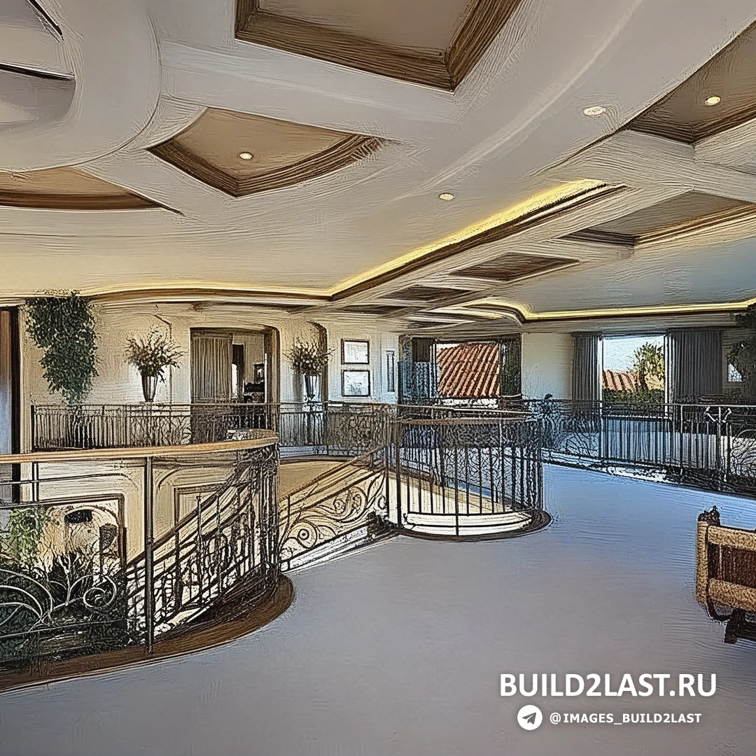 Великолепная лестница с художественными элементами и витражными окнами